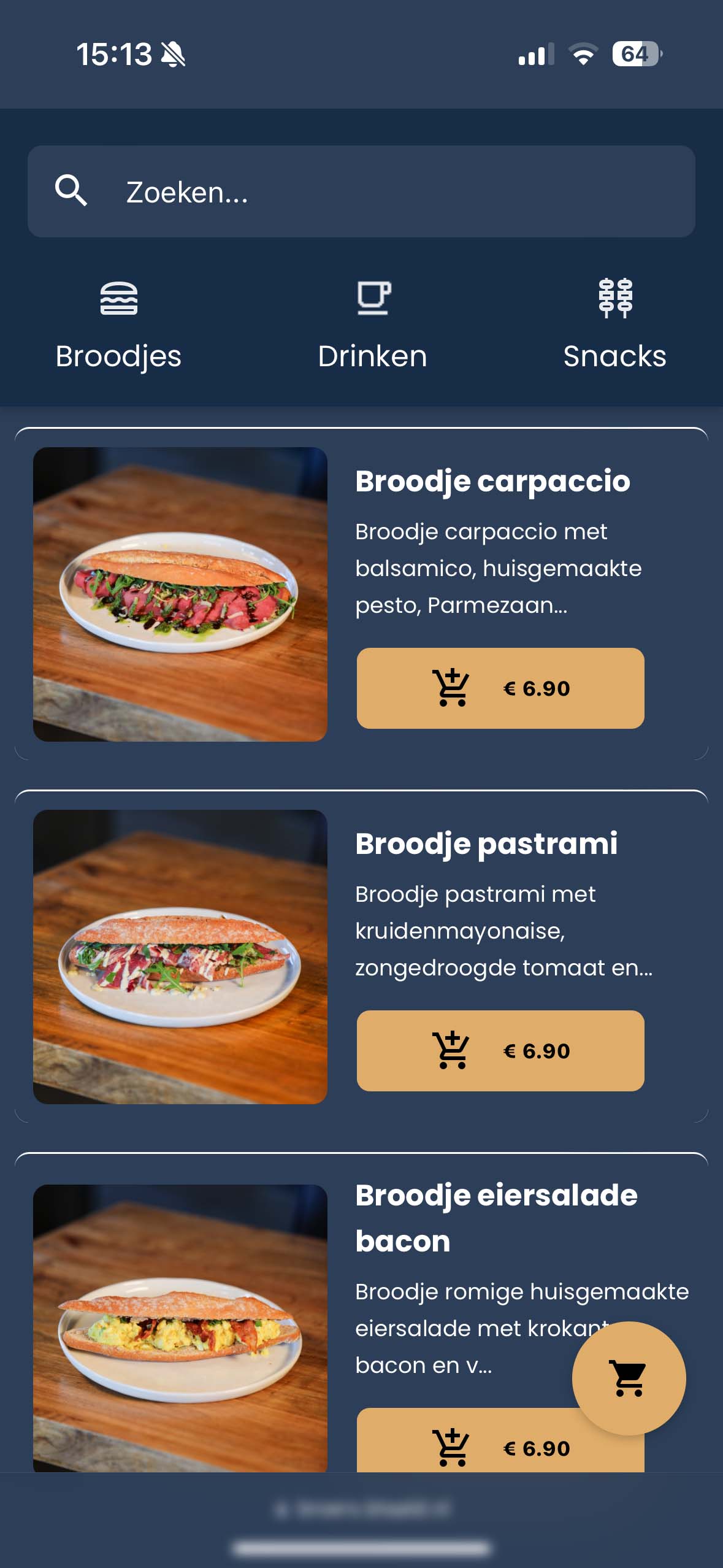 Voorbeeld van een bestelsite op een telefoon